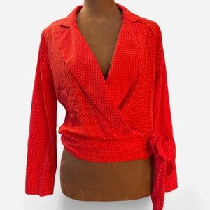 Elegant Red Wrap Blouse with Polka Dots